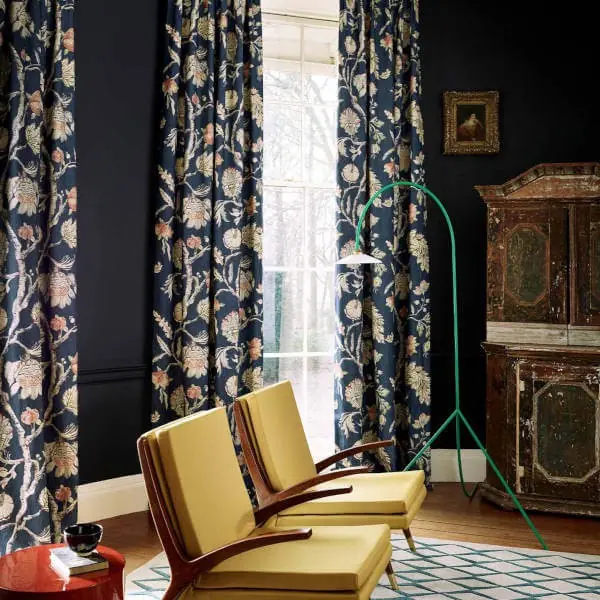 Curtains showing a flowing trailing botanical pattern running vertically through the fabric