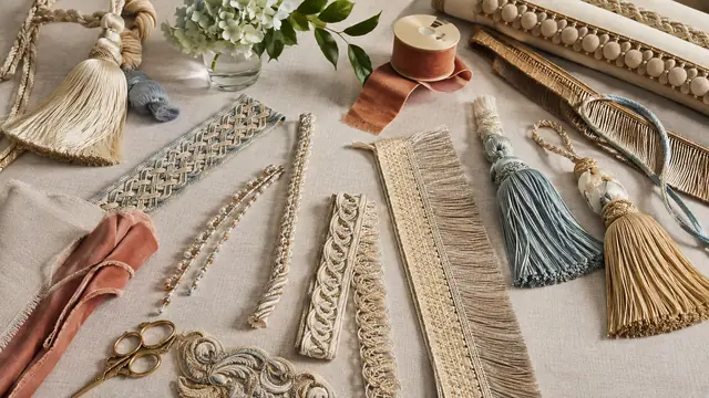 Decorative tassels, braid, cord, ribbon and fringe arranged with furnishing fabric
