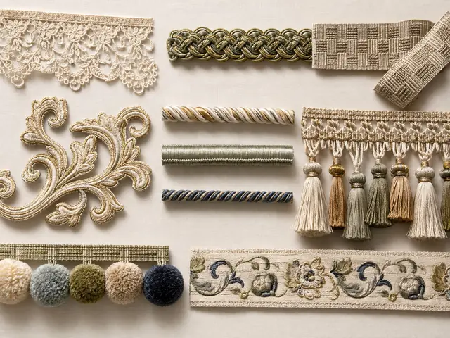Selection of decorative braid, cord, fringe, tassel and embroidered trims