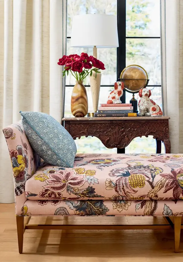 Traditional floral upholstery fabric on a tailored chair