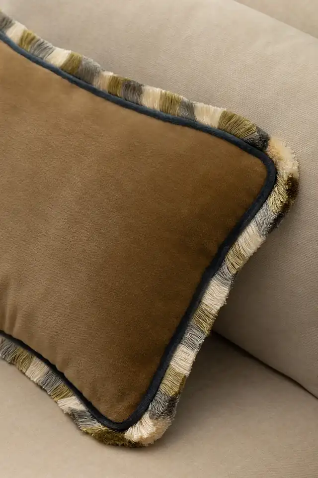 Brown velvet cushion edged with multicoloured fringe