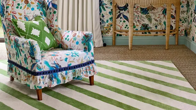 Harlequin Paper Straw striped rug coordinated with patterned upholstery