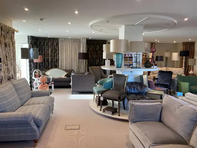 TM Interiors showroom with designer fabrics, furniture and decorative lighting
