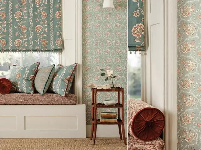 Nina Campbell Dauphine fabric used for blinds, cushions and decorative furnishings