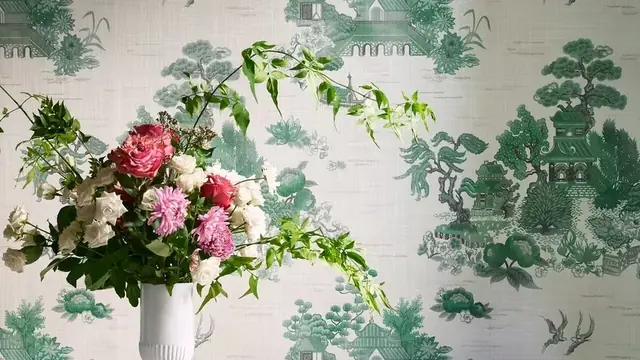Green Liberty wallpaper in a dining room interior