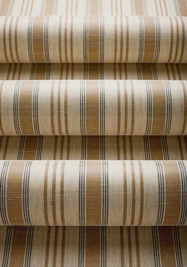 Rolled Bennett Stripe wallpaper showing its woven linen-mesh texture
