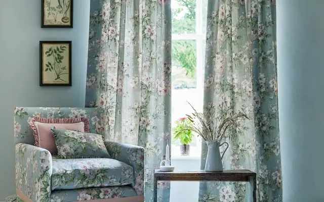 Linwood floral fabric used for curtains and upholstery