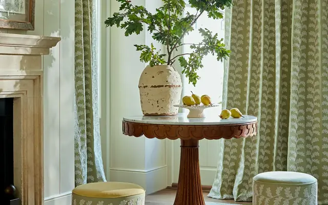 Linwood fabric used for curtains in a colourful British interior