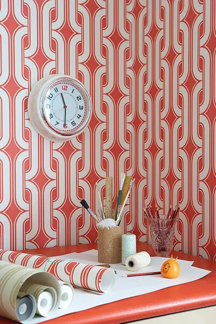 Little Greene Lavaliers Atomic Red retro geometric wallpaper in a styled interior