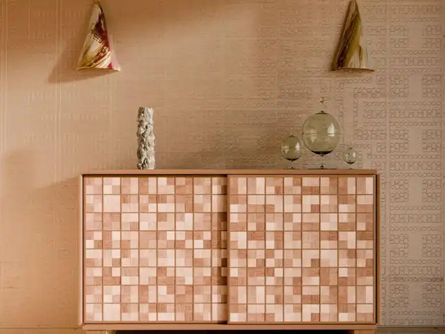 Warm neutral embroidered sisal wallcovering in an elegant contemporary interior
