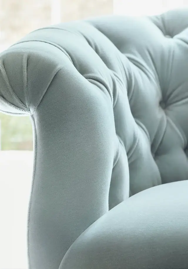 Pale blue chair upholstered in Miles Mohair velvet