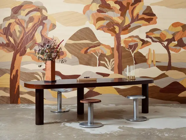 Abstract ochre and brown tree mural in a contemporary dining room