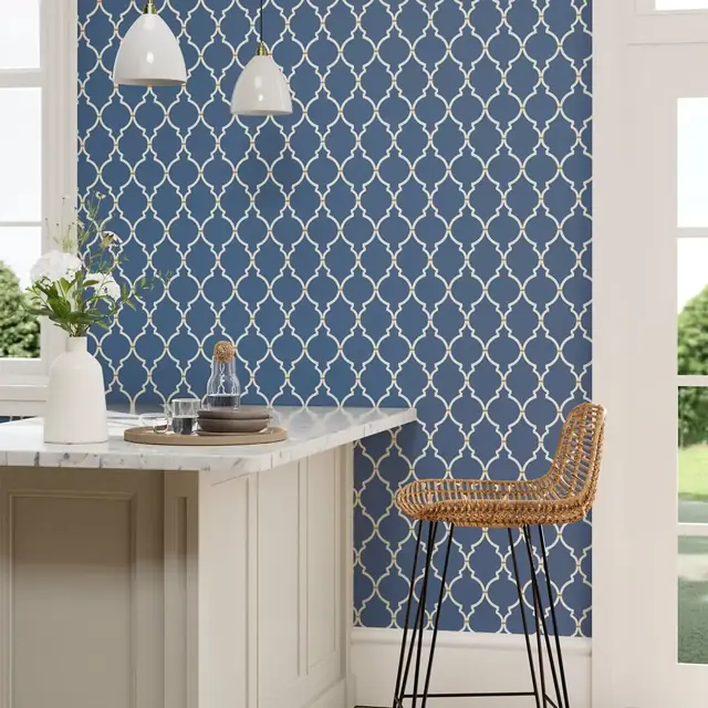 Dark blue modern trellis wallpaper with a large interlocking white pattern in a kitchen