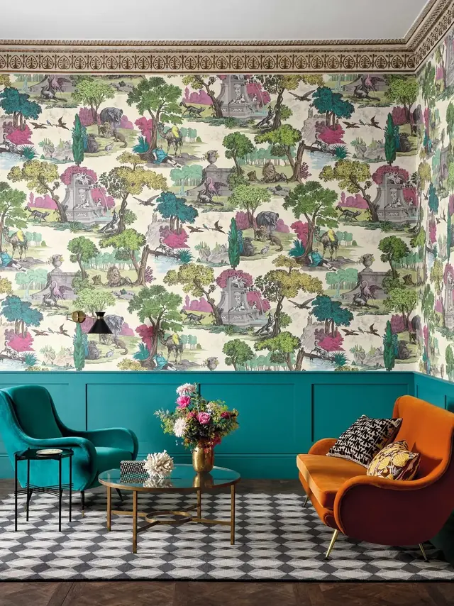 Colourful Versailles Grand toile wallpaper with animals trees and architectural scenes