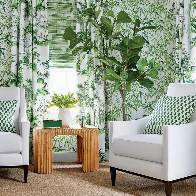 Modern green scenic toile curtains in a light contemporary sitting room
