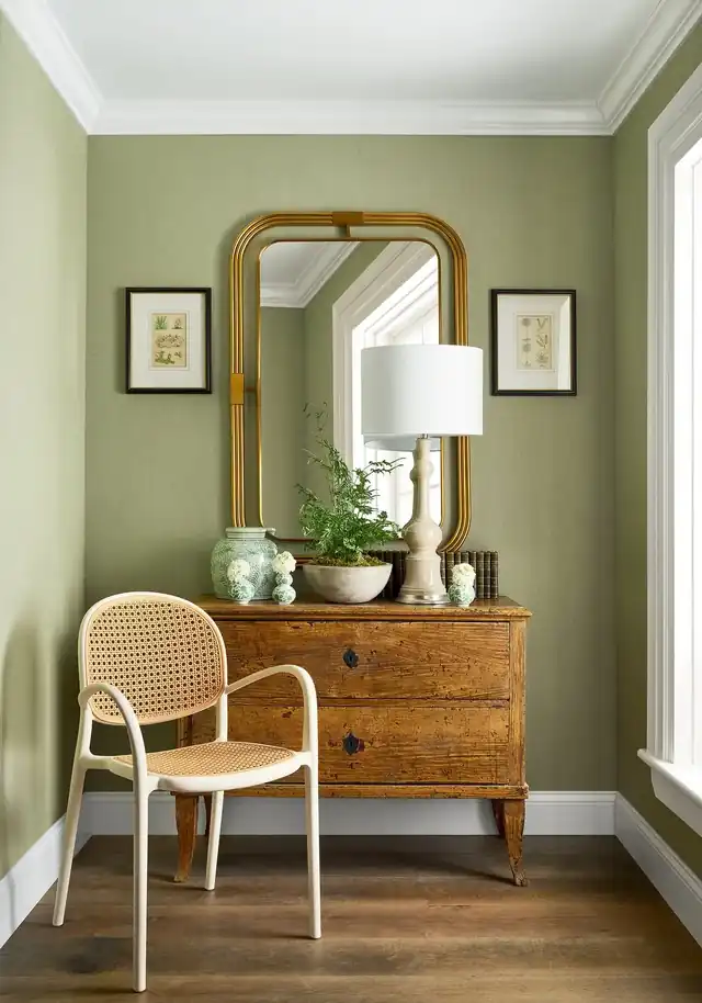 Green natural grasscloth wallcovering in a light entrance hall