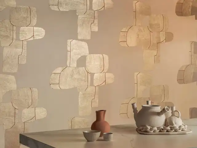 Warm neutral paperweave wallcovering with an organic woven pattern