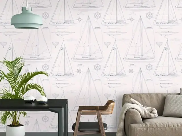 Sailboat blueprint wallpaper in a relaxed nautical interior