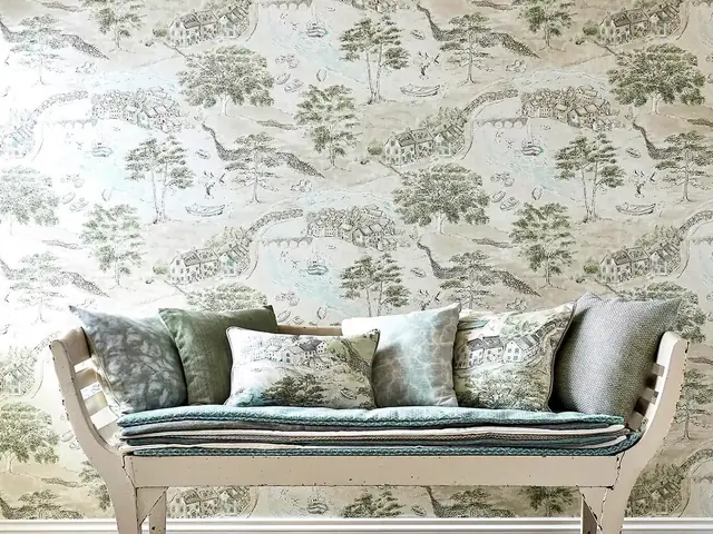 Traditional seaside houses wallpaper in a calm coastal room