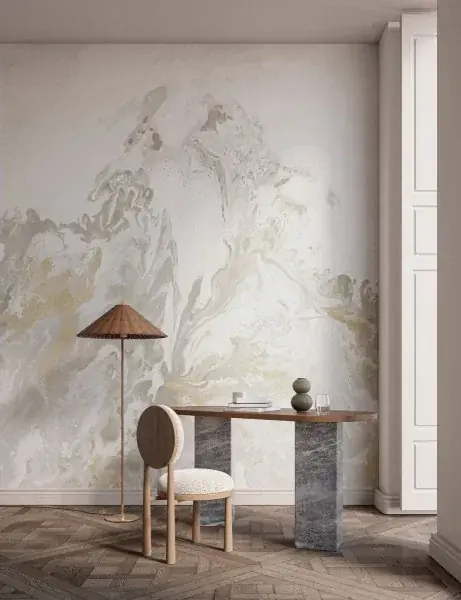 Soft neutral botanical mural wallpaper in an elegant interior
