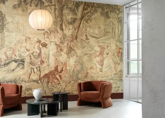 Designer mural wallpaper with layered orange and earthy tones