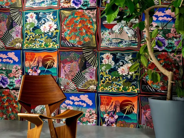Colourful Arte Kimono wallpaper inspired by layered Japanese textiles