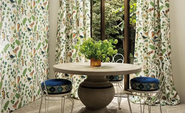 Coordinated Osborne and Little botanical curtains and upholstered stools