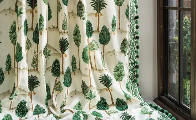 Osborne and Little Pushkar braid and decorative trimming on a patterned curtain