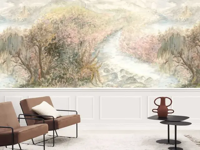 Soft panoramic woodland mural in blush pink and green above a panelled sitting-room wall