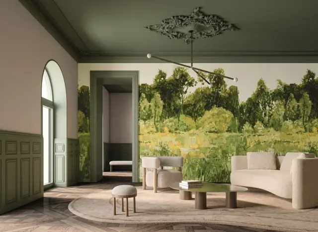 Panoramic landscape mural wallpaper in an elegant living room
