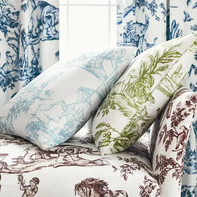 Coordinated patterned cushion fabrics in complementary colours