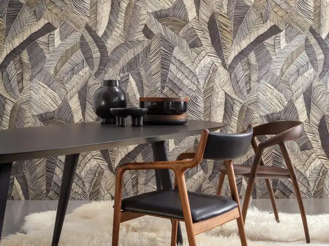 Layered botanical wallpaper in silver, pewter and warm neutral tones