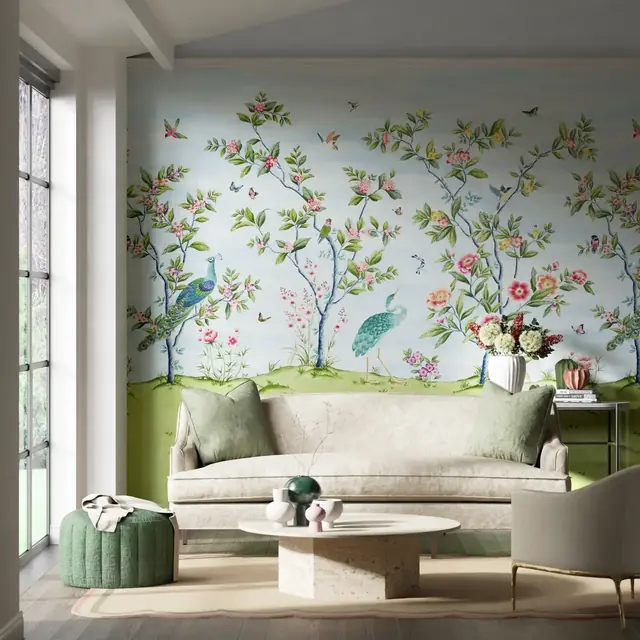 Harlequin Florence peacock and floral bird wallpaper mural in a contemporary living room
