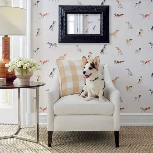 Playful illustrated dog animal wallpaper in a bright sitting area