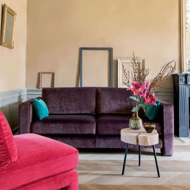 Purple and pink mohair upholstery in a contemporary interior