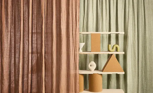 Textured recycled curtain fabrics displayed in coordinating colours