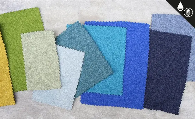 Selection of recycled fabric swatches in neutral, green and blue colours