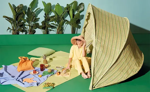 Colourful outdoor setting featuring recycled-content performance fabric