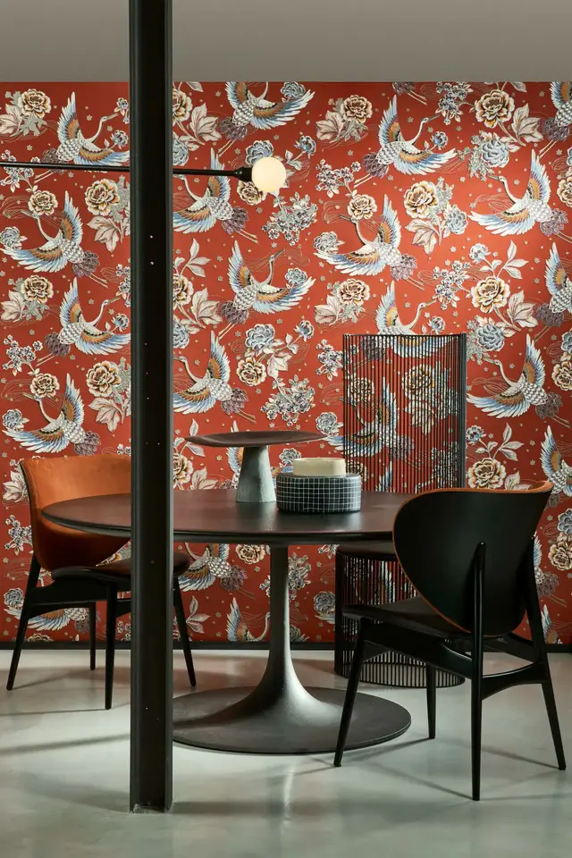 Red Arte Takara crane bird wallpaper in a contemporary dining room