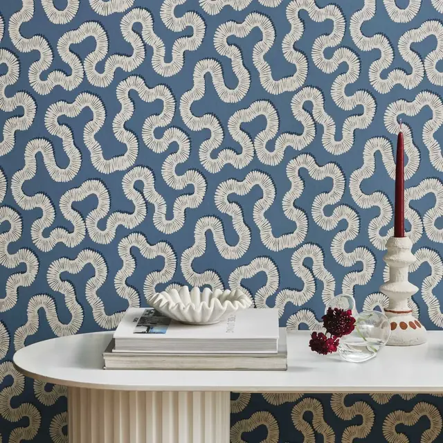 Romo Kezia blue organic abstract wallpaper in a contemporary interior