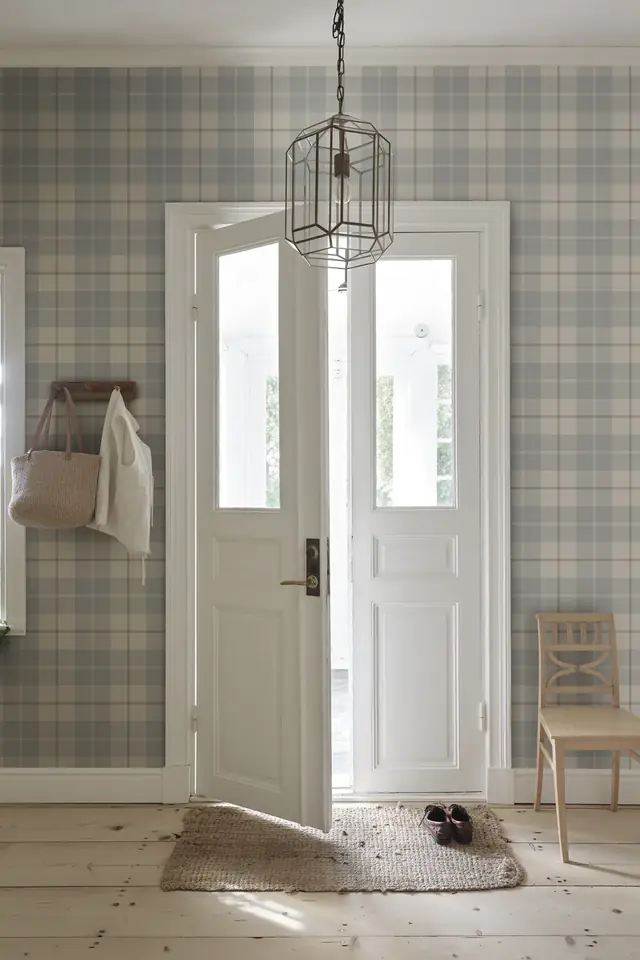Sandberg Ranold S11013 checked Scandinavian wallpaper in a light hallway
