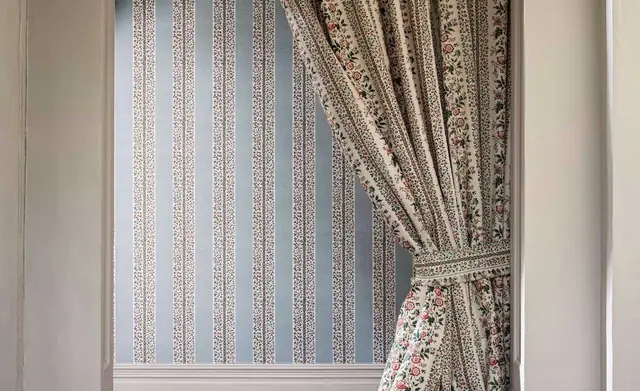 Full-length curtains in Sanderson Rose Pergola fabric
