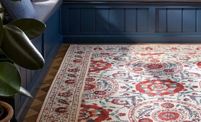 Sanderson Anthos patterned rug in a coordinated living space