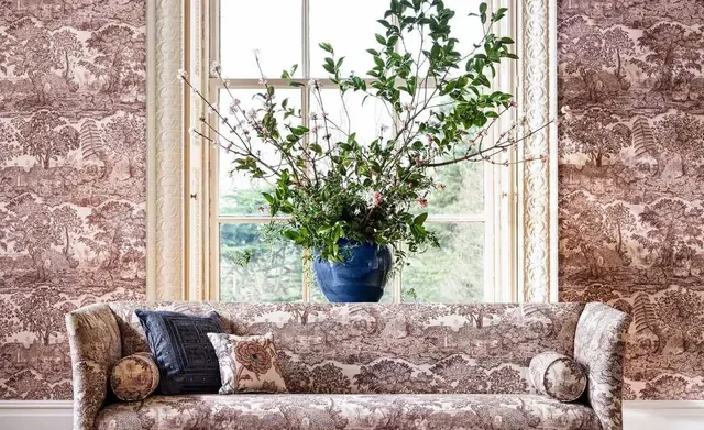 Sanderson Highgrove Toile wallpaper and coordinating upholstered furniture