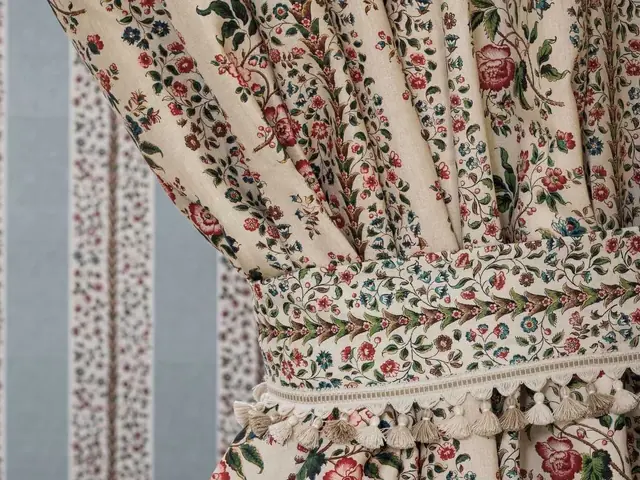 Sanderson patterned curtain finished with decorative tassel trimming