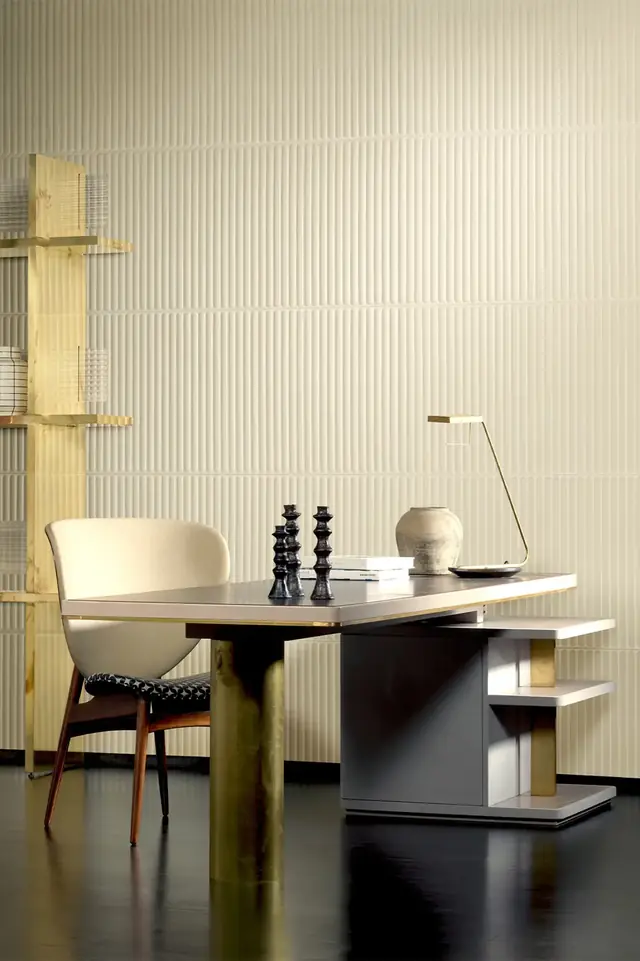 Cream semi-plain wallcovering with subtle vertical linear relief