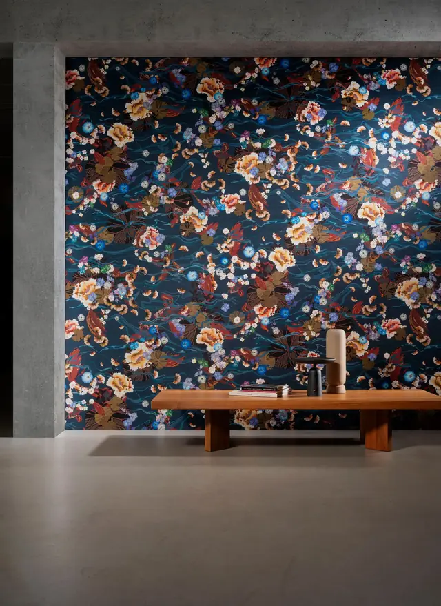 Dark floral Koi textile wallcovering with a silk look in a modern interior