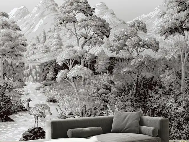 Monochrome silver and charcoal panoramic landscape wallpaper