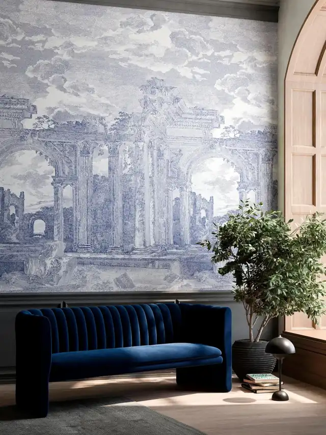 Large-scale panoramic wallpaper creating a dramatic entrance space
