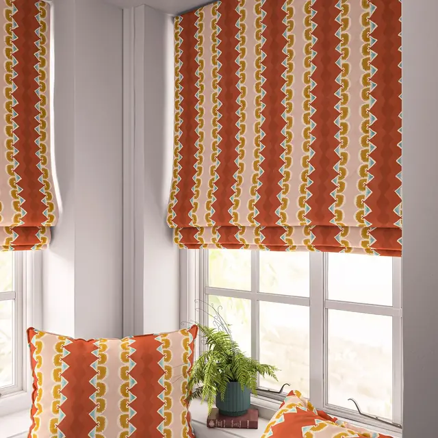 Warm red striped linen used for a Roman blind and cushions